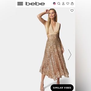BEBE Sequin Mesh Gown Caramel/Champagne